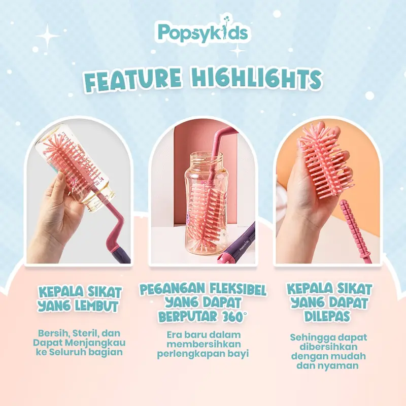 Popsykids Silicone Bottle Brush Set 3 in 1 - Sikat Botol Bayi Silikon 3 in 1 BPA Free Perlengkapan 2