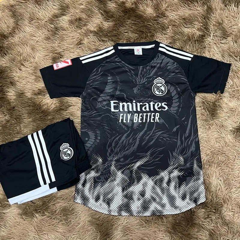 Bộ Quần Áo Bóng Đá Real Đen Khói Vải Mè Kim New 2024 Nhận In Tên Số Top Sport Thun Nam Trang Phục thể thao cao cấp 2