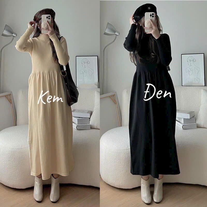 Váy Đầm Bầu Thu Đông Chất  Len Tăm Hàn Ấm Áp Thời Trang Thiết Kế M828 ChiUn Store Nữ Women Dress Đen Trắng Nâu Be Khuy