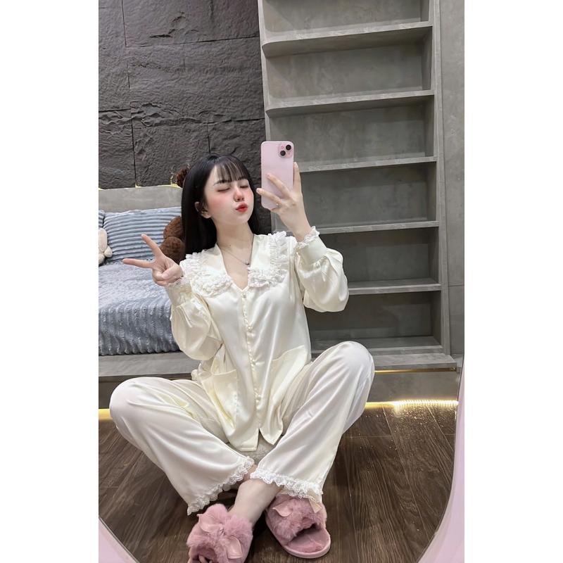 Đồ Bộ Tiểu Thư JULY Pijama Tay Dài Cổ Sen Ren Tầng Chất Lụa Latin Mềm Mịn Freesize 6