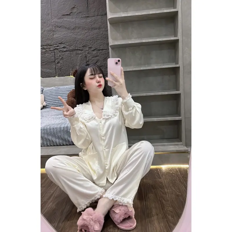 Đồ Ngủ Nữ, Đồ Bộ Tiểu Thư TAMY Pijama Tay Dài Cổ Sen Ren Tầng Chất Lụa Latin Mát Mịn - Freesize < 58Kg 5