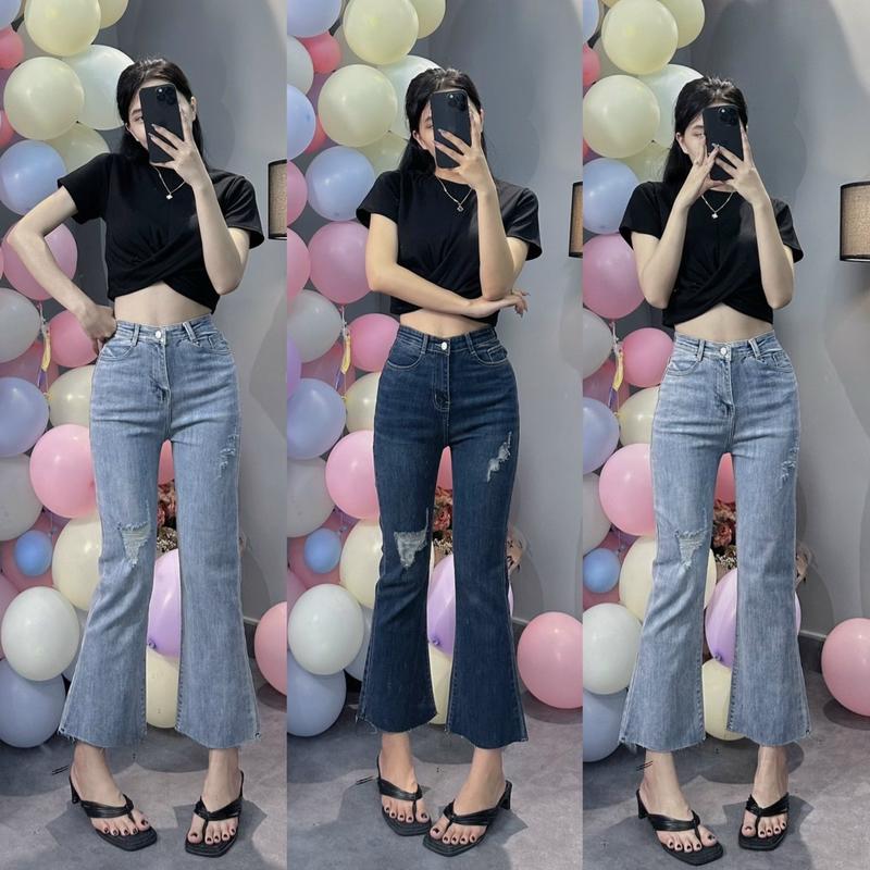 YURI JEANS - (9TẤC) Quần Jean Nữ Ống Loe Rách Gối Lai Cắt Chất Co Gĩan