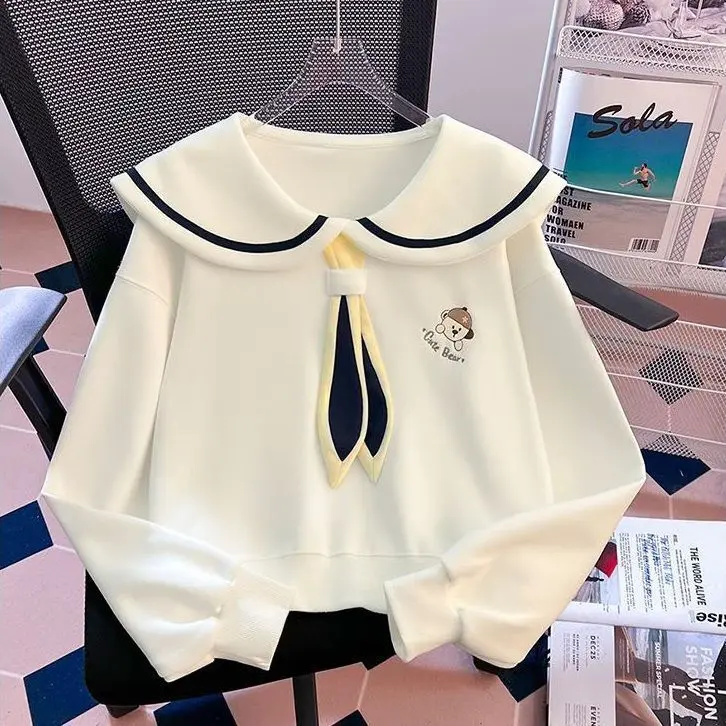Áo Hoodie Trắng, Cổ Búp Bê, Dành Cho Nữ, Thời Trang Và Phong Cách, Thiết Kế Đẹp, Thích Hợp Cho Mùa Xuân Và Mùa Thu, Áo Ngắn Độc Đáo, Hàng Mới Về Năm 2024