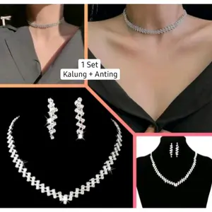 SET ISI KALUNG + ANTING GANTUNG PESTA BERKILAU KALUNG PESTA ANTING GANTUNG HIJAB KOREAN STYLE KALUNG MUTIARA PEARL