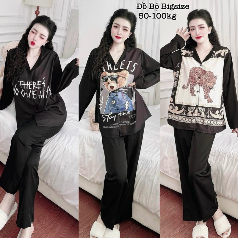 Đồ Bộ Bigsize HCM - Đồ Ngủ Mặc Nhà Pijama Bigsize Lụa Mango Tay Dài in 5D Cao Cấp Xinh Xắn Dễ Thương Giá Rẻ 50-100kg Nhung Nho - 2155