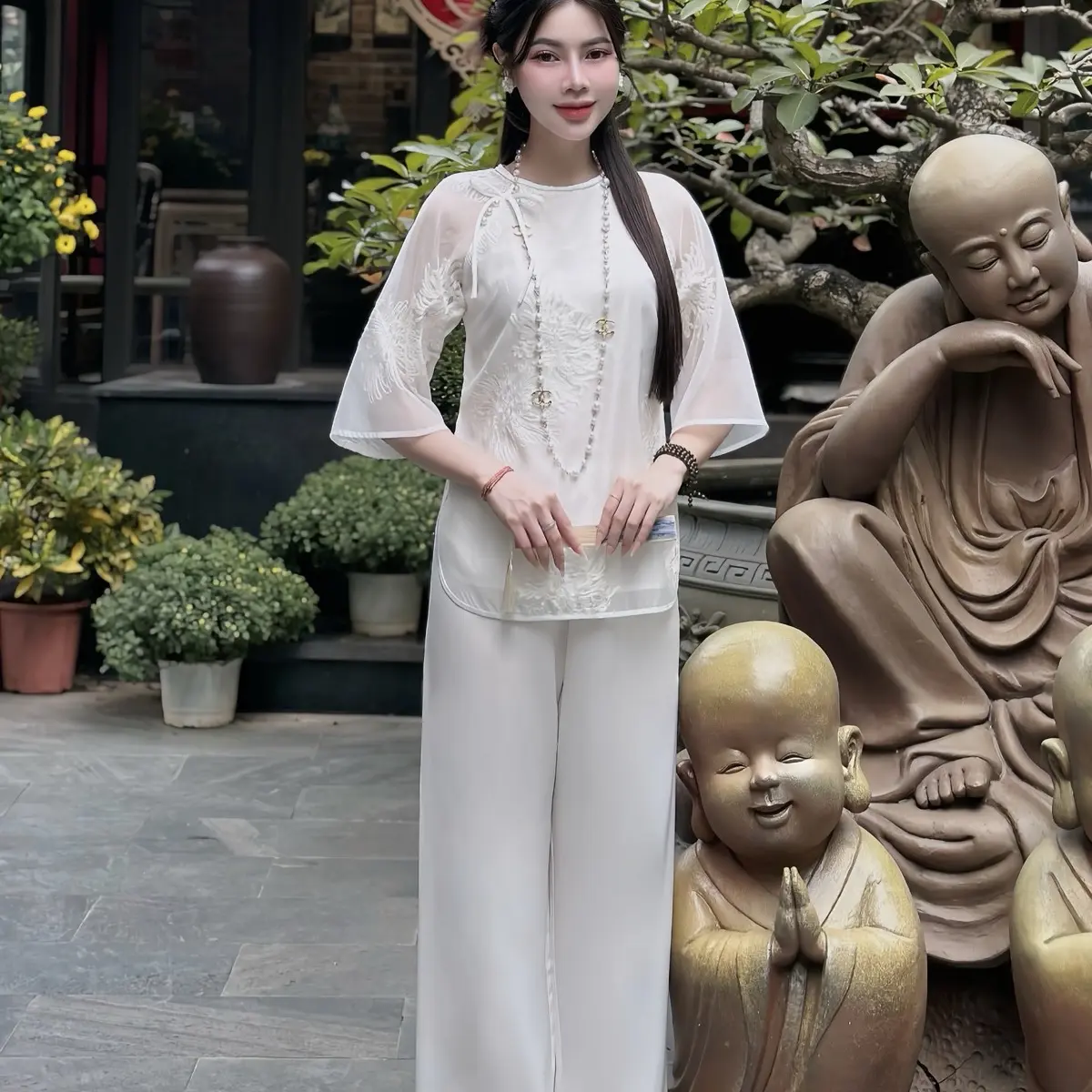 Bộ pháp phục đi chùa tơ thêu hoa quỳnh cổ tết