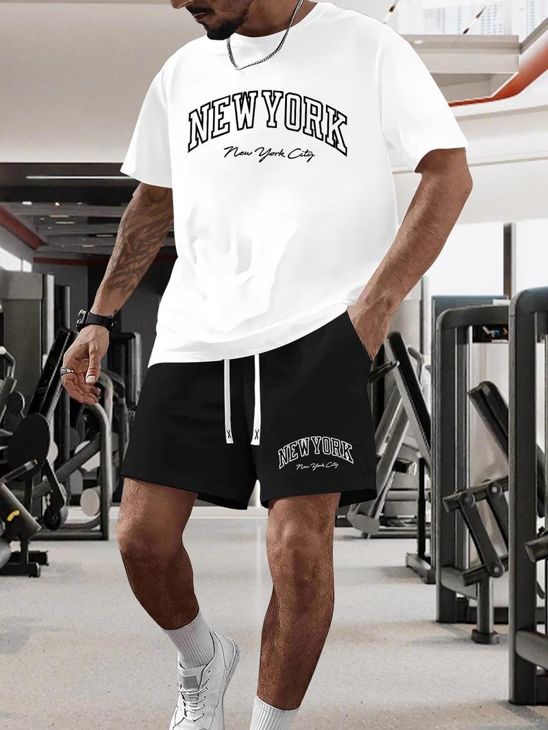 Product Introduction of Men's New York Print Short Sleeve Tee & Shorts Set, Regular Fit Casual Round Neck T-shirt & Track Shorts, Summer Clothes Set for Men 7