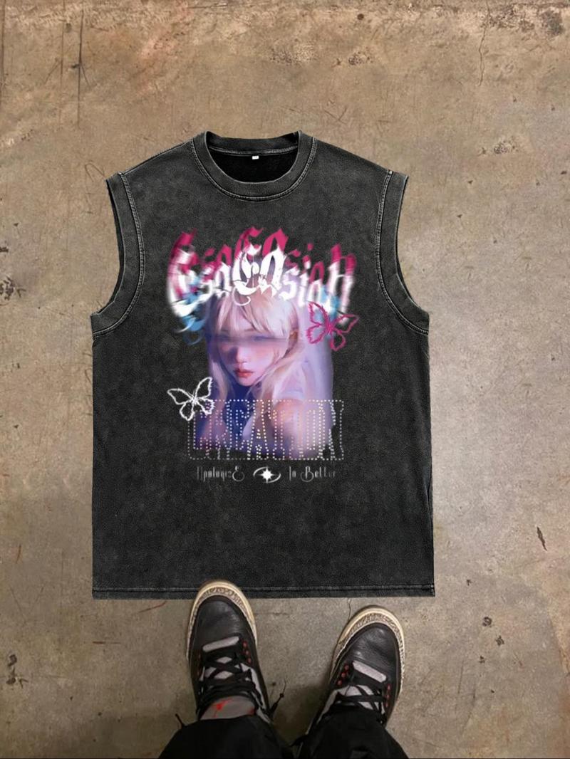 Product Introduction of Men's Butterfly & Letter Print Loose Tank Top, Casual Comfy Sleeveless Top for Summer, Fashion Men's Clothes for Daily Wear, Socks, Cotton 1