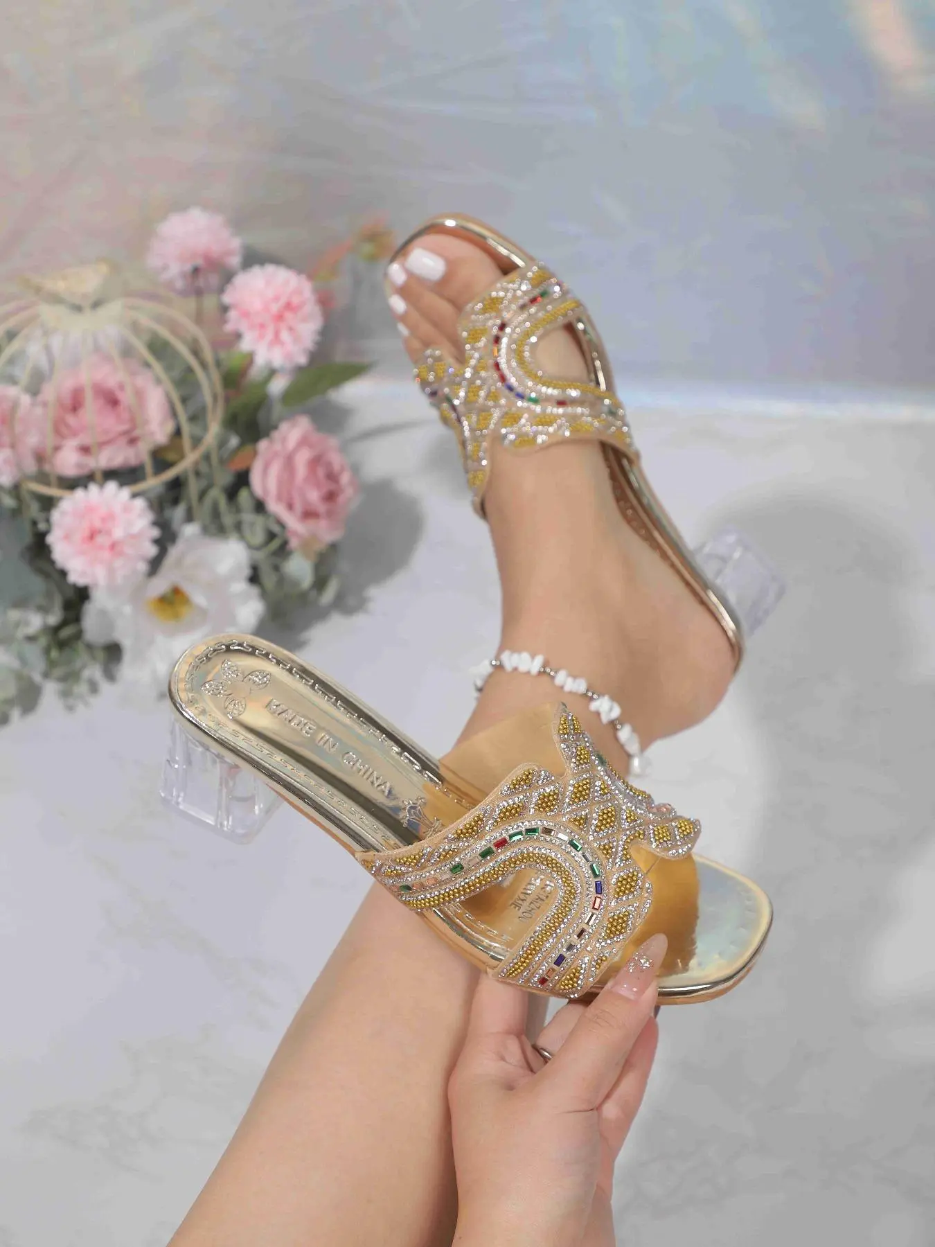 Women's Fashionable Rhinestone Decorated High Heel Sandals, Boho Style Sandals for Beach Vacation, Fashionable Heeled Sandals for Women, Summer