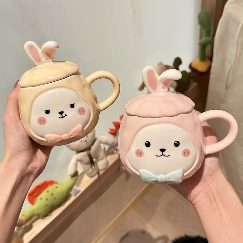 Ly cốc sứ có nắp đậy hình thỏ dễ thương 450ml, cốc uống nước có nắp đậy kèm thìa - TTB 0