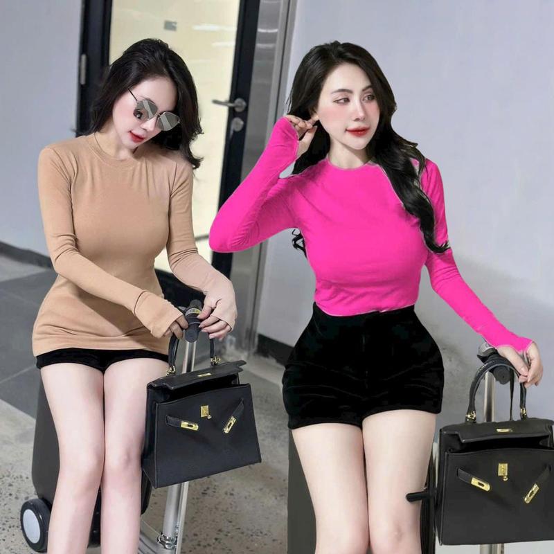 CR105 Áo Thun Body Nữ Tay Dài Xỏ Ngón Giữ Nhiệt Cổ Tròn Freesize Dưới 53kg, Chất Thun Lụa Lạnh Co Giãn Tốt, Tôn Dán