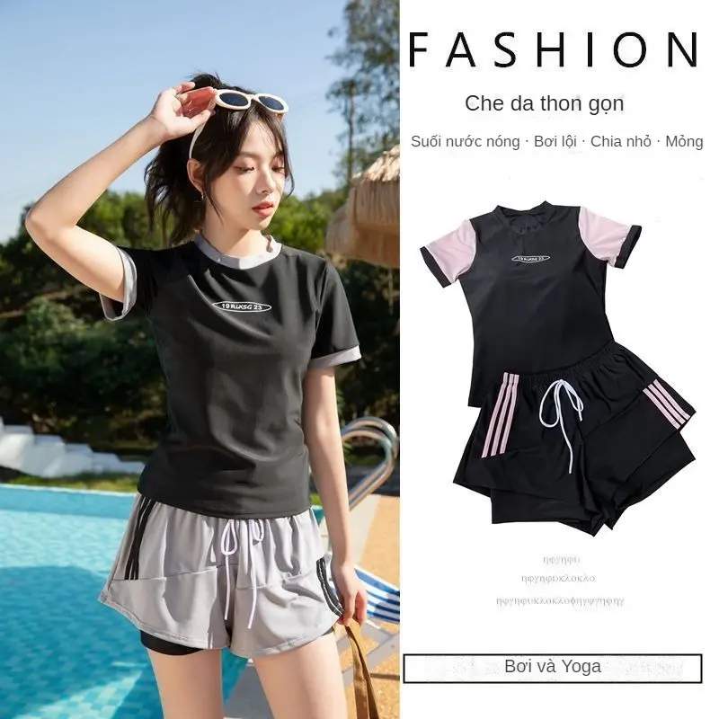 Bộ đồ bơi 2 mảnh quần đùi dáng thể thao năng động đi biển,Che bụng,ôm vừa vặn vòng eo,thiết kế cổ tròn thoải mái an toàn Thun Đồng 0