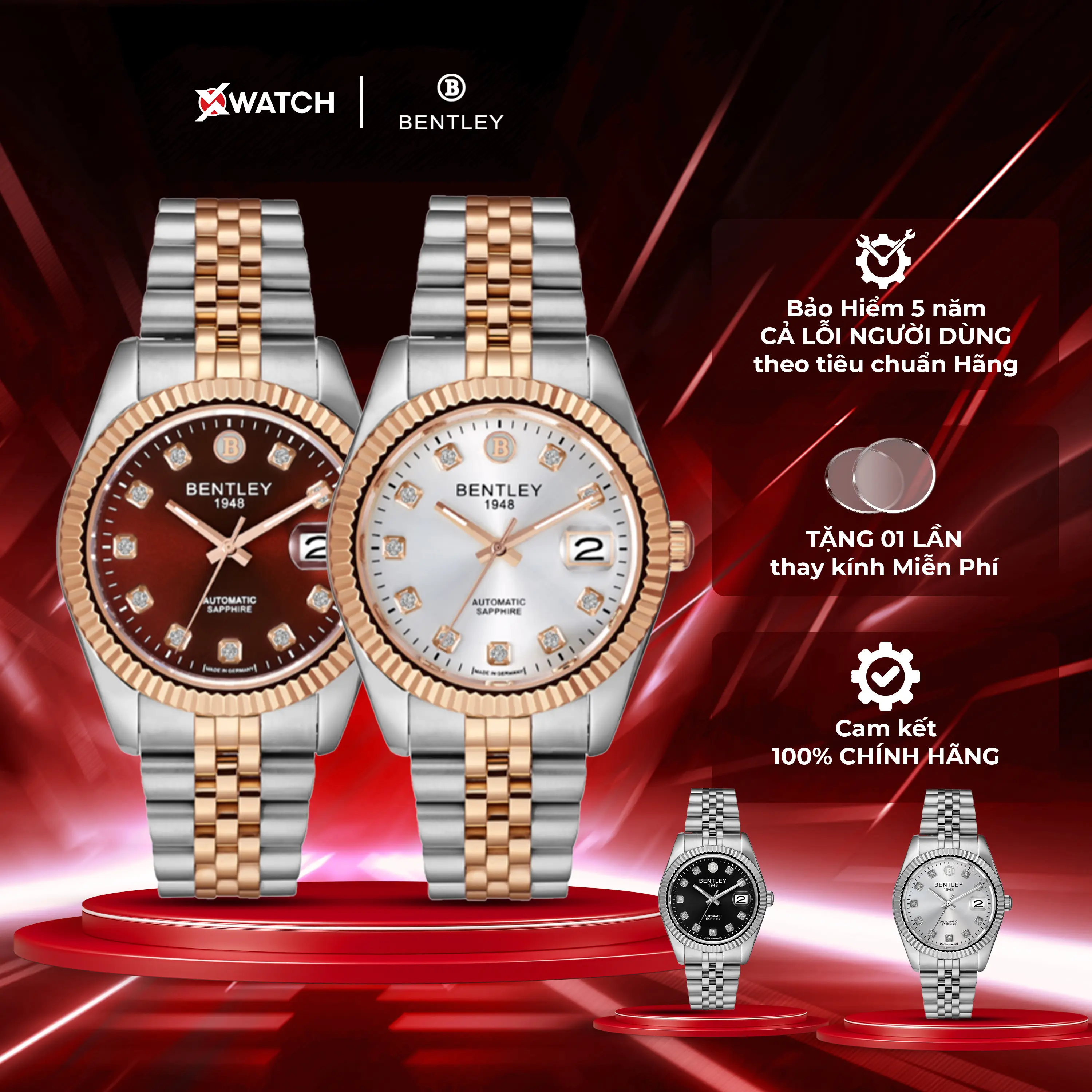 Đồng hồ đeo tay nam Bentley BL2333-15M máy Automatic, dây kim loại, vỏ thép không gỉ, kính Sapphire, dạ quang, lịch ngày chính hãng
