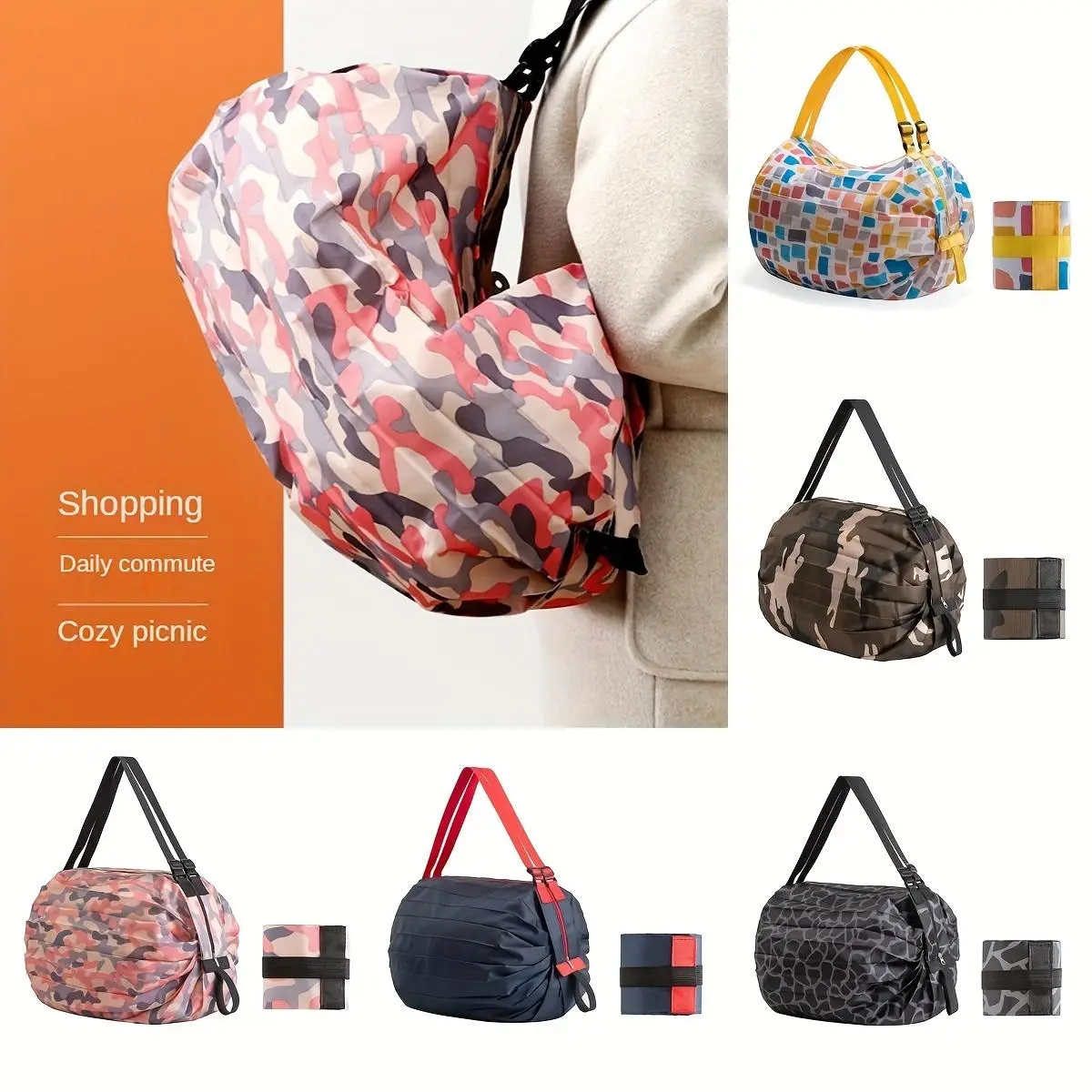 Fashion Reusable Foldable Shopping Bag Women Portable Folding Shopping Bag Tote Bag Storage Grocery Shoulder Bags Eco-friendly Handbag