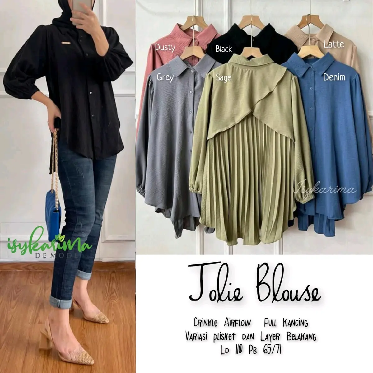 Jolie blouse (atasan blouse kemeja berkancing polos, bahan crincle airflow)