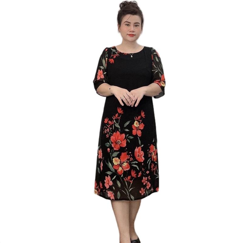 Đầm suông SHOPBIGSIZE Mã TD15 voan tay loe đen thun cotton màu hoa cho quý cô trung niên size 48-95kg - Voi, Nữ Women Dress vay sang váy  đỏ