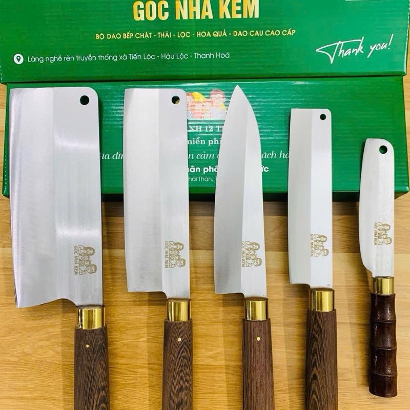 Bộ 5 dao chặt thép Nhật trắng không gỉ - Cán gỗ muồng + tặng 1 thớt gỗ size 22  -TÚMAISHOP