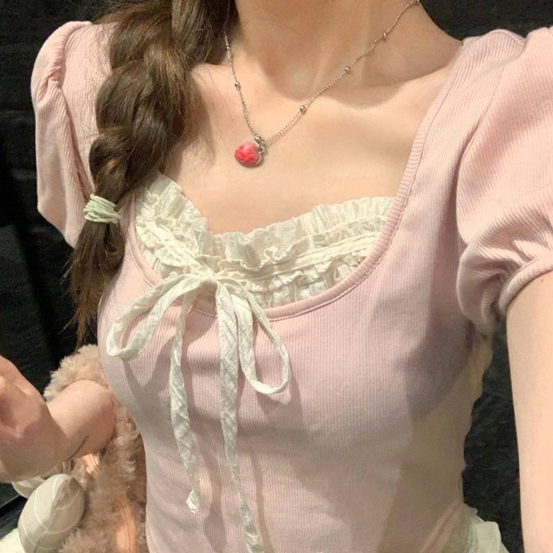 Áo croptop coquette kiểu acubi brandy nữ baby tee nơ màu hồng xanh đen bánh bèo thun tăm CT088 basic trơn