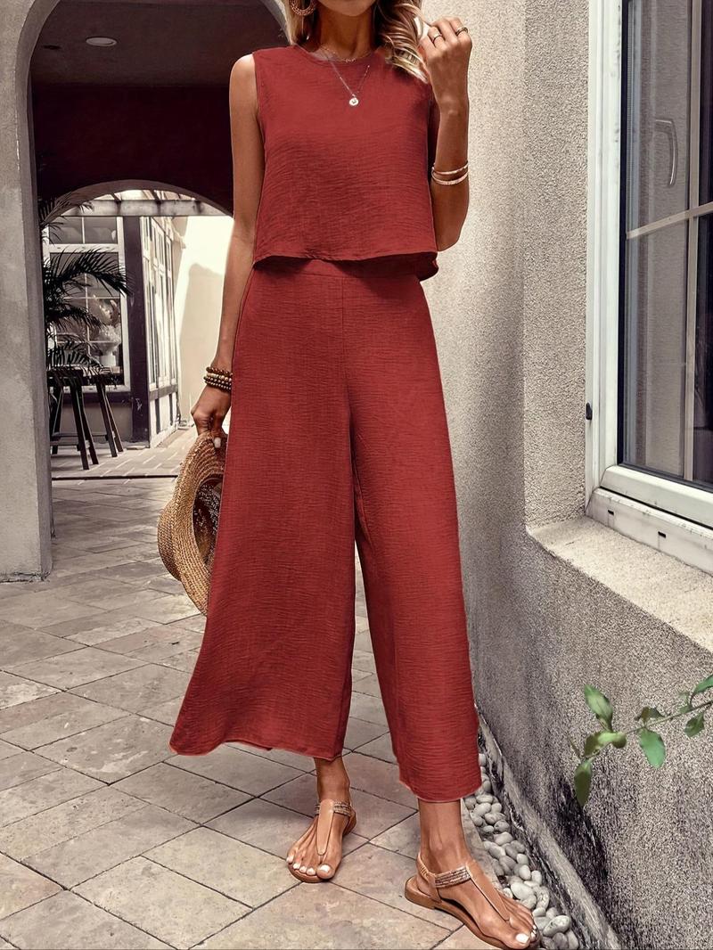 Product Introduction of Women's Solid Tank Top & Wide Leg Pants Two-piece Set, Casual Sleeveless Top & Pants for Daily Wear, Travel, Ladies Two-piece Outfits for Summer 8