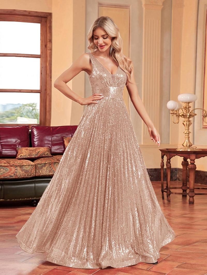Product Introduction of Women's Contrast Sequin Backless Pleated Evening Dress, Elegant Deep V Neck Sleeveless Maxi Dress for Party Banquet, Ladies' Clothes for Summer 9