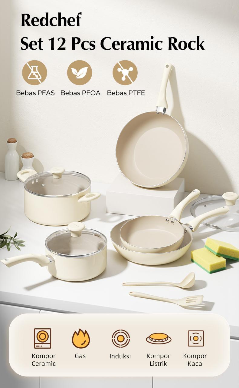 Redchef Nonstick Ceramic Rock 12 Pcs Peralatan Masak Set Non PFAS & PTFE & PFOA Cocok untuk Semua Kompor Wok Penggorengan Panci Induksi Tutup Panci Panci keramik peralatan dapur - 12 Buah Set Redchef Nonstick Ceramic Rock 12 Pcs Peralatan Masak Set Non PFAS & PTFE & PFOA Cocok untuk Semua Kompor Wok Penggorengan Panci Induksi Tutup Panci Panci keramik peralatan dapur - 12 Buah Set