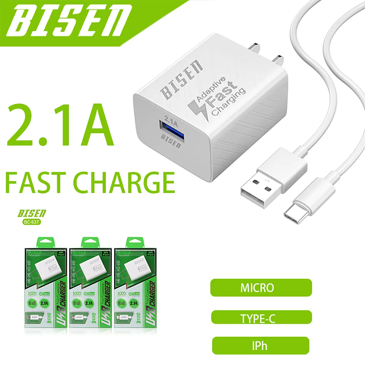 BISEN BC-637 2.1A 12W High Quality USB Fast Charger Fast Charge Data Cable Travel Adapter With Cable Adaptive Fast Charge Wall Charger Plug High Quality Mobile Cellphone Electronic Smartphone Charging