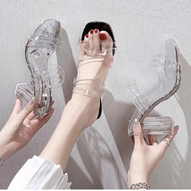 sandal high heels hak kaca tali jelly Hak Tinggi (5-8 cm) 0