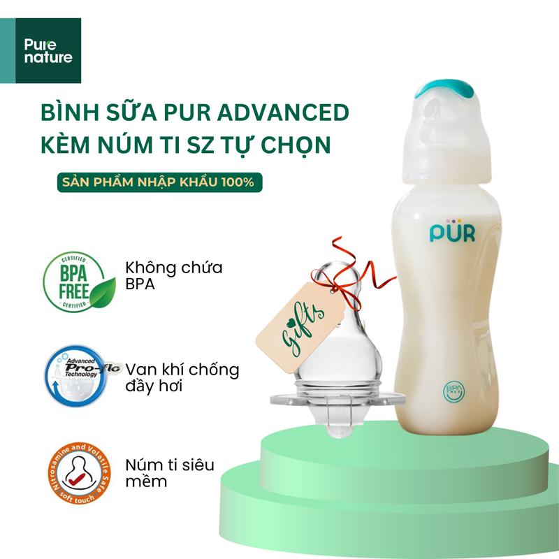 Pure Nature -  Bình sữa Pur Advanced cổ hẹp (Kèm núm Advanced sz tự chọn) (ms1800-1801-1802) Silicone Cho Bé Silicone Cho Bé