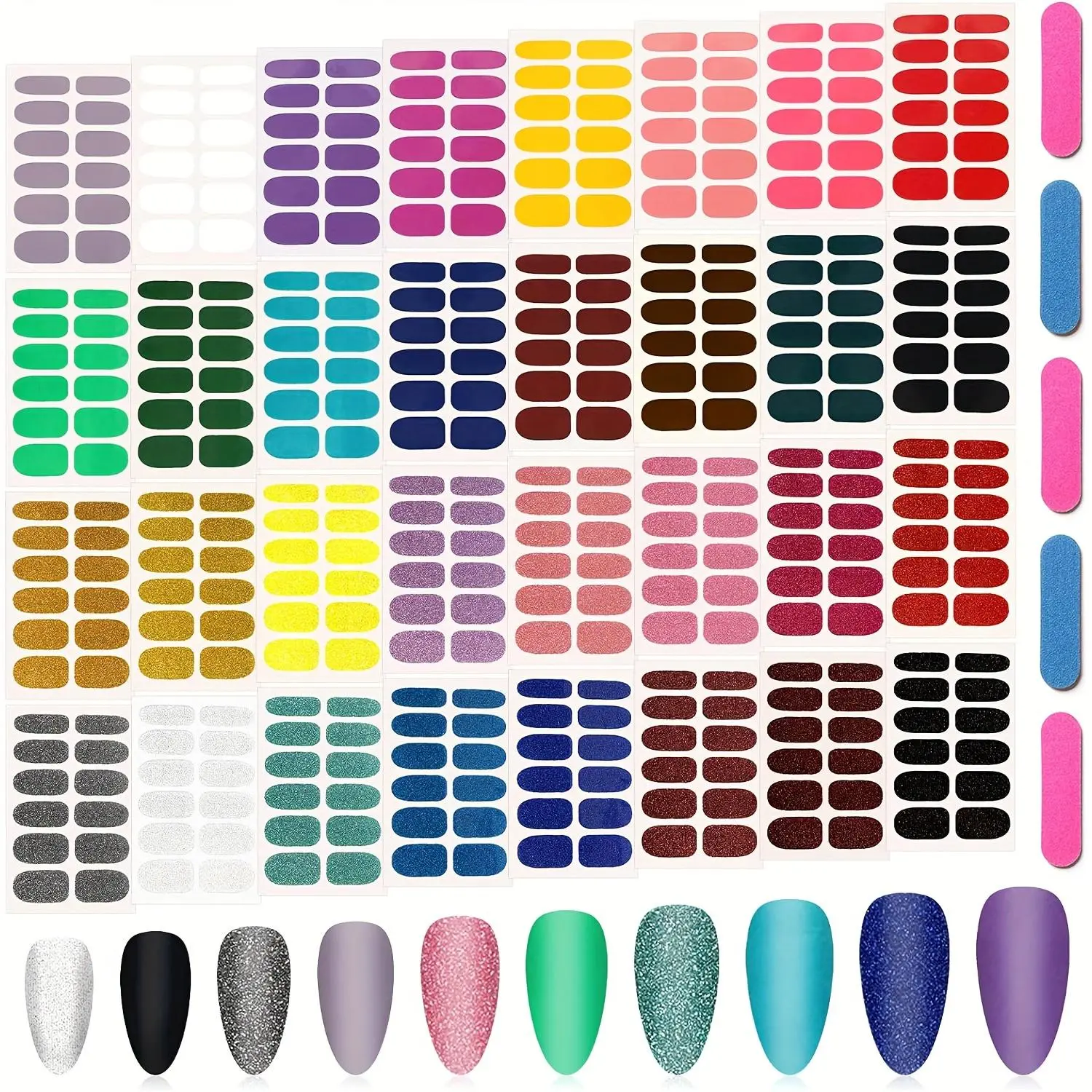 Solid Color Self-adhesive Nail Stickers, 32 Sheets Glitter Full Wrap Nail Tips Stickers with 5 Nail Files, Suitable for Women and Girls DIY Nail Art Decoration