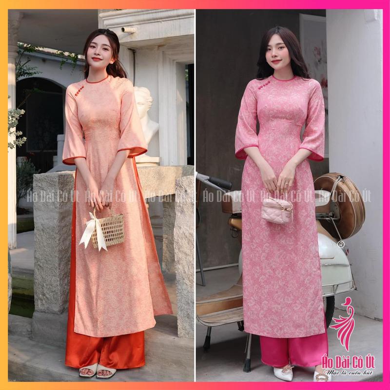 Áo dài cách tân nữ vải gấm hoa cổ tròn đính cúc tay loe hàng may sẵn Màu Hồng Women Dress