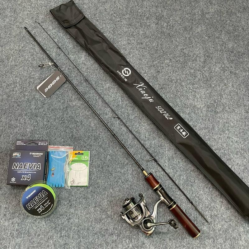 Combo câu suối Gồm 1 cần câu lure XiaoJu cán gỗ mới và máy câu lure sông suối size 1000