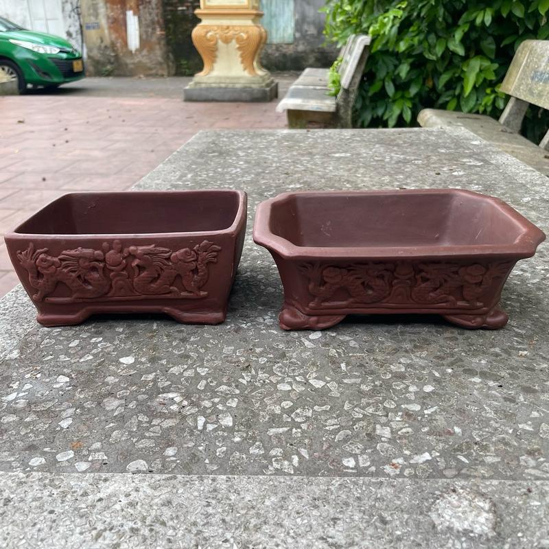 Chậu chữ Nhật men nâu chạm song long nổi gốm Bát Tràng, trồng cây mini, cây bonsai để bàn, ban công