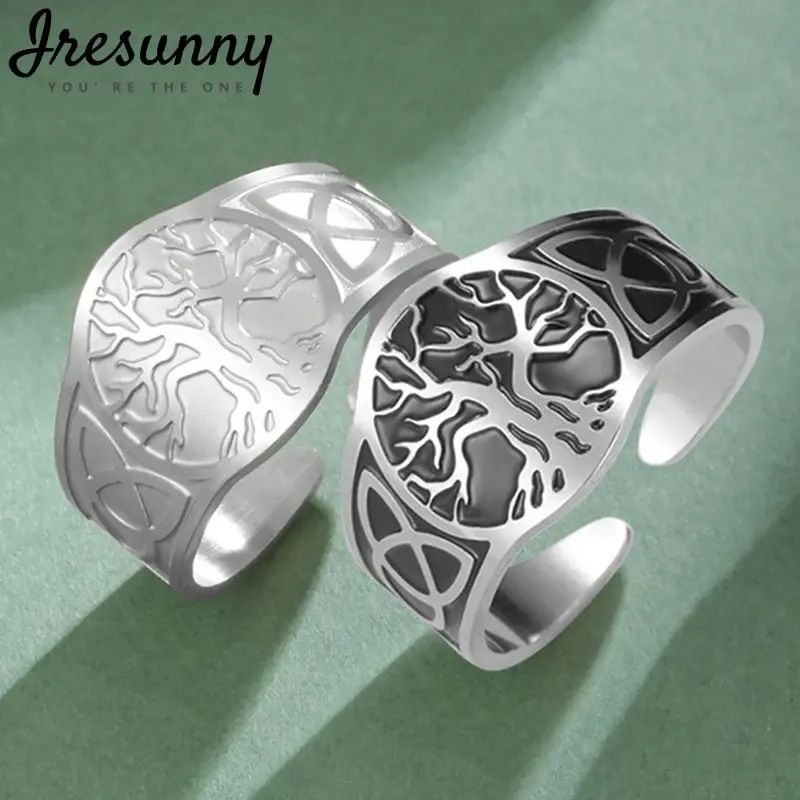 Iresunny Tree of Life Ring Yggdrasil World Tree Celtic Knot Adjustable Ring Stainless Steel Wedding Band Wholesale Jewelry emotional  support  ring