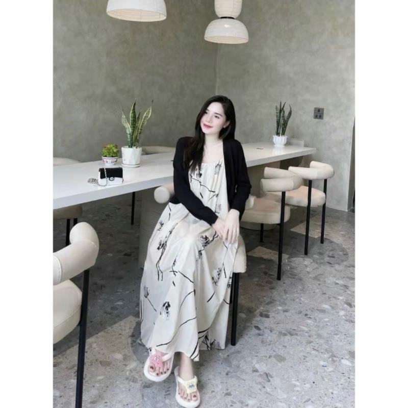 Set váy bầu 2 chi tiết, đầm bầu 2 dây lụa hàn mix áo cardigan dài tay gân thái