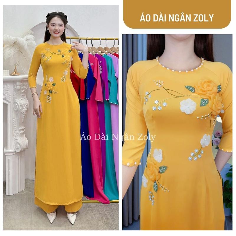 S7 Áo dài Vàng  Lụa Mỹ kết hoa thêu thủ công - Áo dài Nữ Women Sen Dress