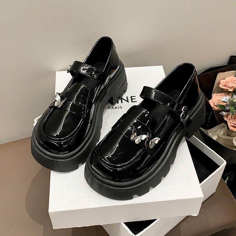 giày búp bê nữ chất da bóng đính hình 2 bướm quai trá tim đé cao 5cm thời trang cao cấp 5