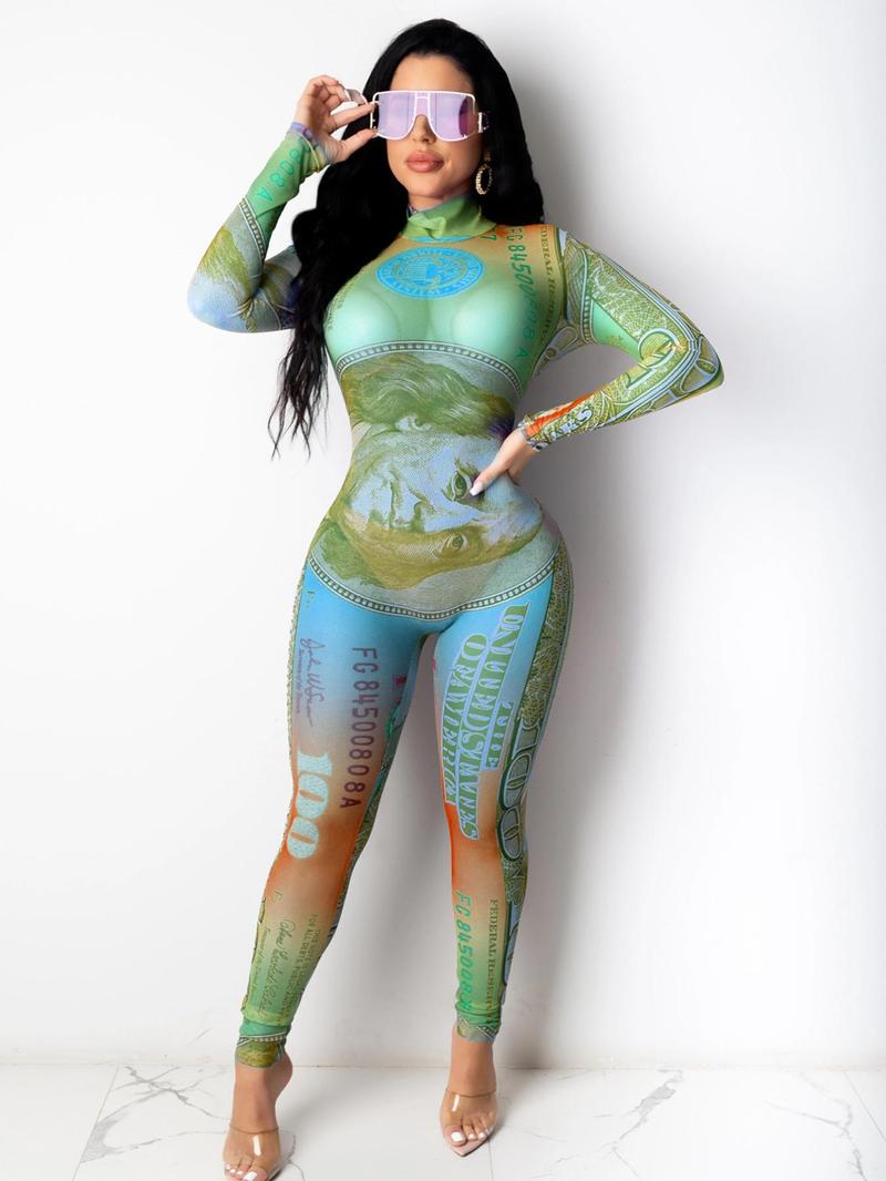 Product Introduction of Women's All Over Money Print Zipper Back Sheer Skinny Jumpsuit, Fashion Long Sleeve High Neck Jumpsuit for Daily Wear, Ladies Clothes for All Seasons Valentine's Day, gift 1