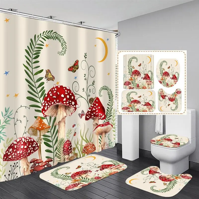 Bộ Rèm Thảm, 4 Cái, Họa Tiết Hình Nấm Và Bướm, Rèm Tắm Polyester Chống Thấm Nước, Có Móc, Thảm Chống Trượt, Thảm Hình Chữ U, Tấm Bọc Nắp Bồn Cầu, Trang Trí Phòng Tắm 1