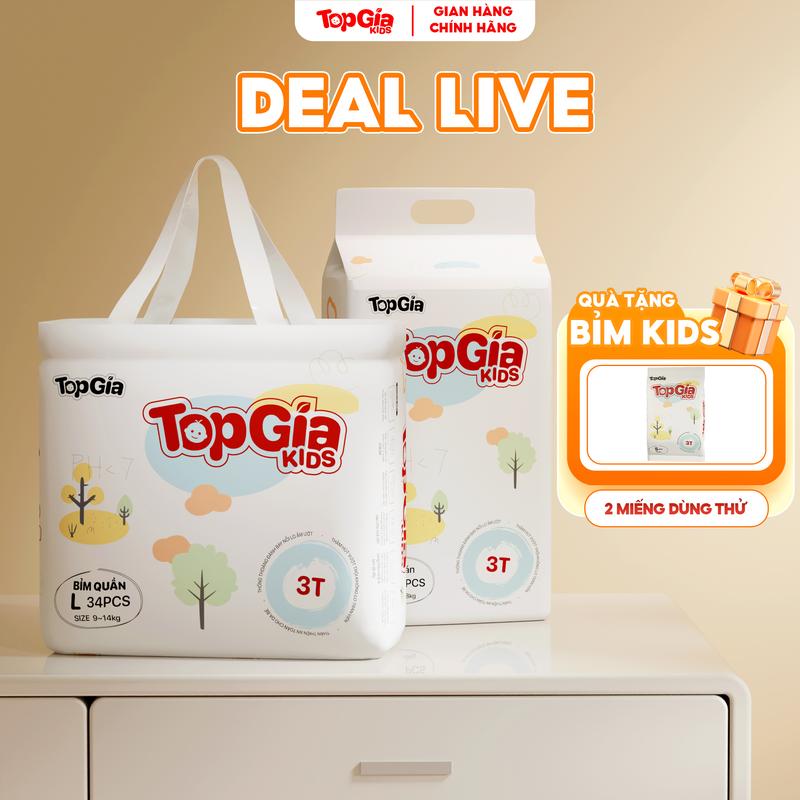 (DEAL LIVE) 1 BỊCH Tã Bỉm Topgiakids pH<7 an toàn cho da bé, mềm mại, mỏng nhẹ, chống tràn tối đa, đủ size từ S đến XXXL cho bé (Không quà)  (TDN)