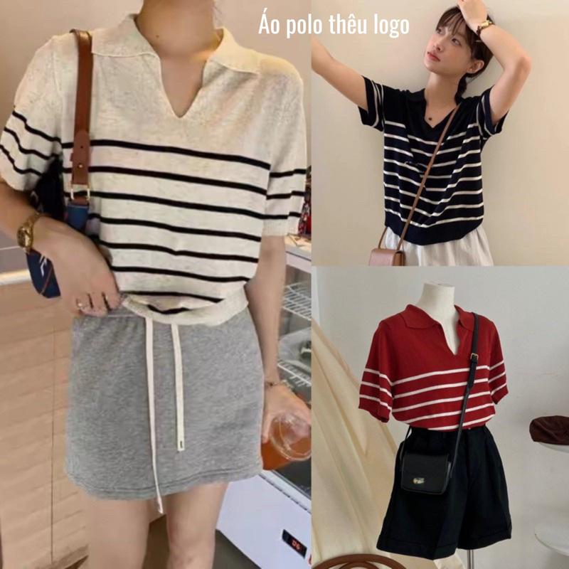 Áo len polo nữ thêu ngựa , áo len mongtoghi kẻ ngang màu be màu đen muối tiêu phong cách hàn quốc hot trend 23September