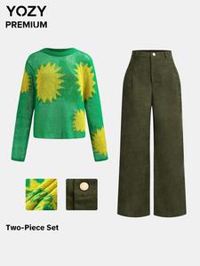YOZY Women's Sun Print Sweater & Straight Leg Pants Two-piece Set, Casual Round Neck Long Sleeve Jumper & Trousers for Spring & Fall, Women's Knitwear for Daily Wear
