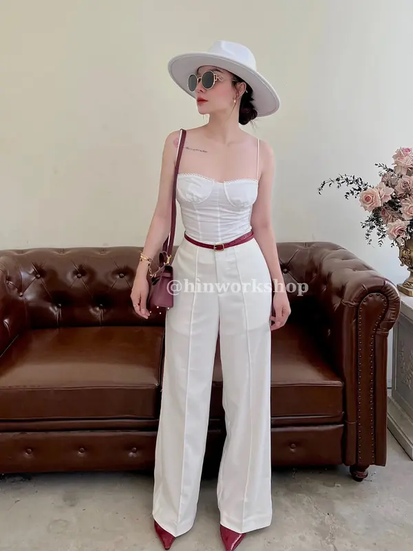 HÌN Quần dài ống suông hack dáng, tự thiết kế dài 95cm Leyla Pants Nữ Nhung Women 0
