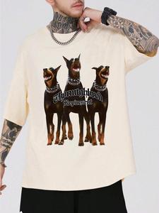 Men's Doberman Print Short Sleeve Graphic Tee, Casual Comfy Round Neck T-shirt for Summer, Fashion Men's Top for Daily Wear, Tropical