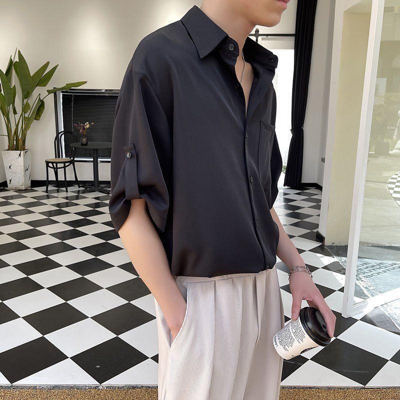 Product Introduction of Summer Ice Silk Thin Shirt Men's Short Sleeve Korean Style Trendy Five-Quarter Sleeve Shirt Mature Style Cool Men's Top Closed 25