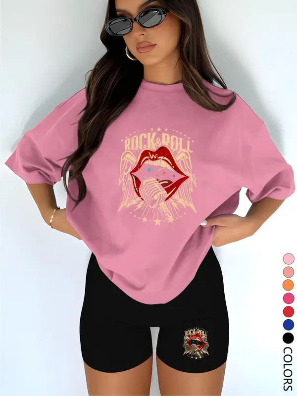 Two-piece Set Women's Letter Print Short Sleeve Tee & Skinny Shorts, Casual Round Neck T-shirt & Short Leggings, Ladies Clothes for Daily Wear, Suits, Womenswear, Matching Outfits, Outfit Sets Women 3