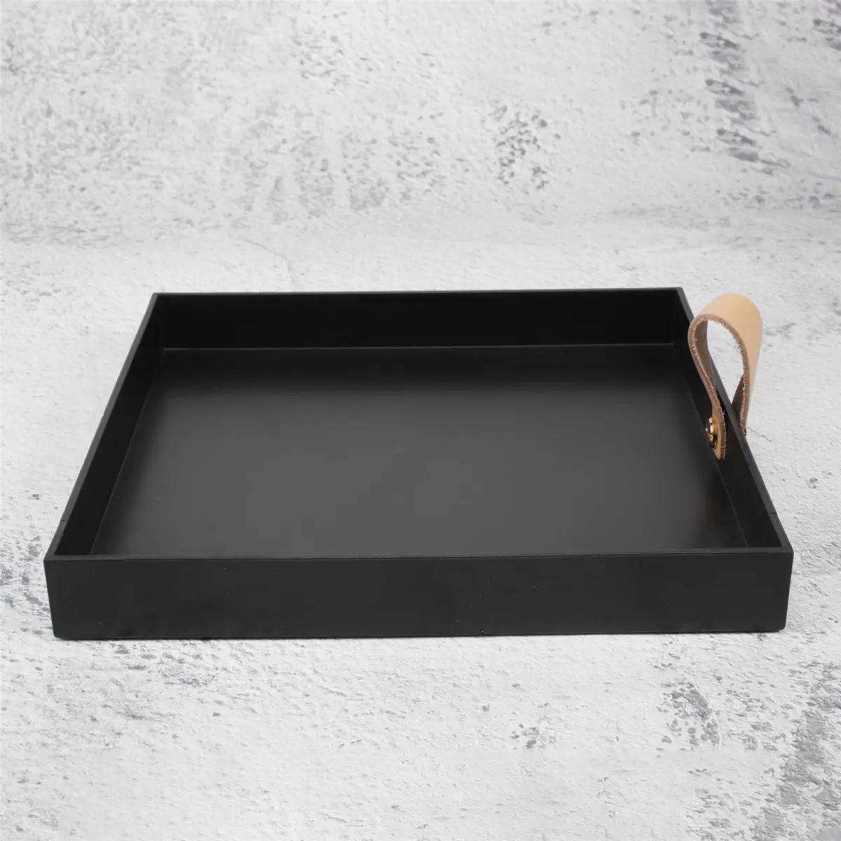 Square PU Leather Serving Tray Decorative Dish Cosmetics Sundries Desktop Storage Plate with Handle(Black)