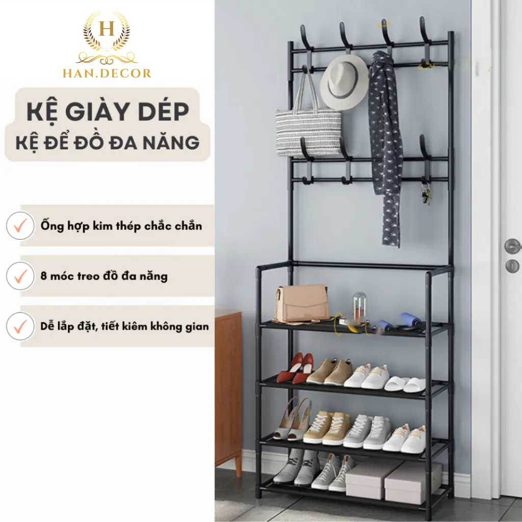 Kệ để giày dép chữ L 4 tầng đa năng thông minh có móc treo tiện lợi Kitchen