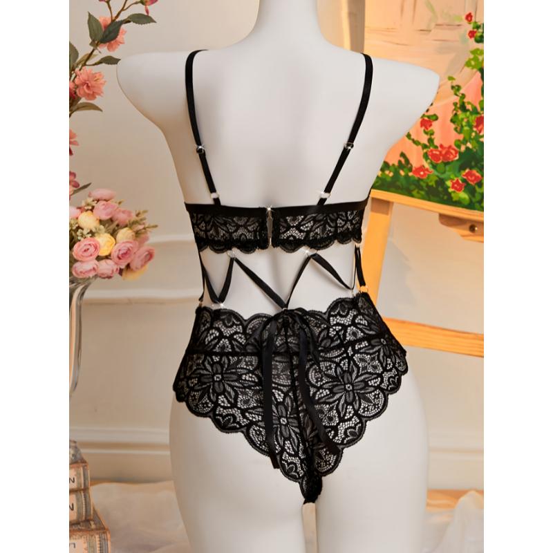 Fashion  2025 Sexy Deep V Cut-Out Floral Lace Teddy Bodysuit - Women's Thong for Intimate Nights 1