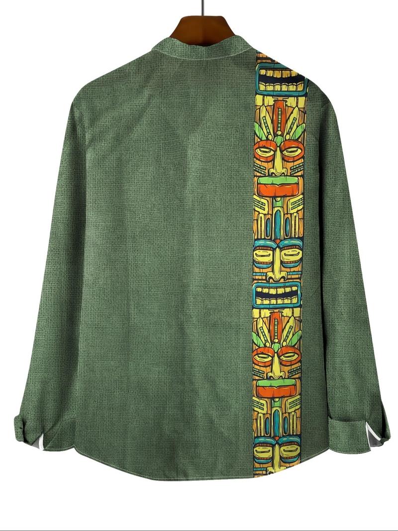 Product Introduction of Men's Tribal Print Button Closure Shirt, Regular Fit Casual Long Sleeve Top for Outdoor Activities, Fashion Men's Clothes for All Seasons, Traditional Clothing 2