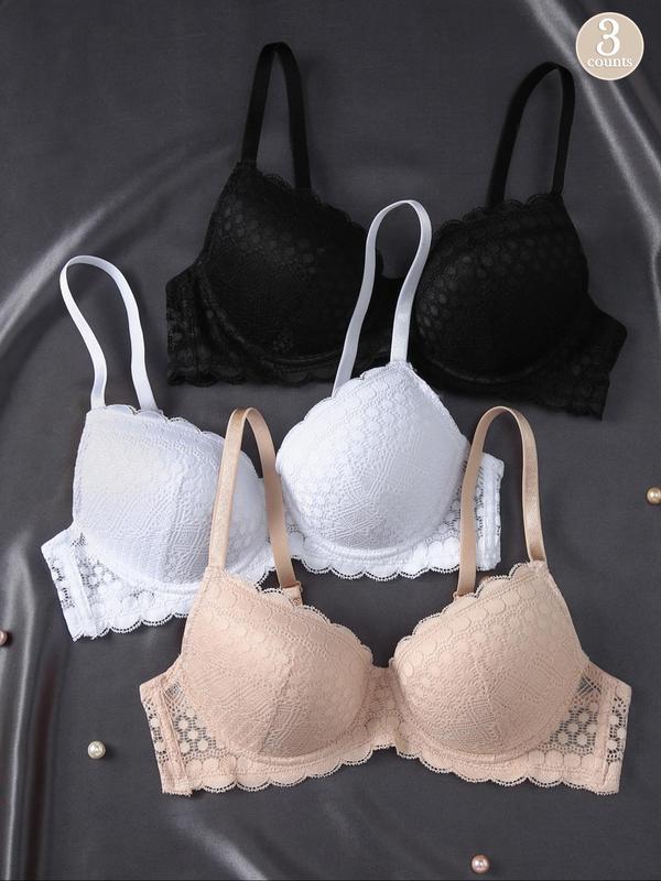 Women's Solid Color Lace Push Up Bra, Comfortable Breathable Underwire Bra, Soft Lingerie for Daily Wear 3